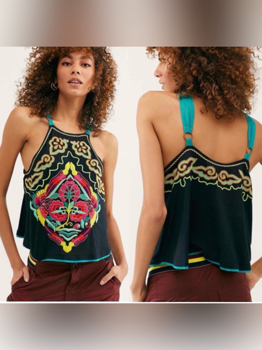 Free People LARGE Heat Wave Boho Embroidered Black Halter Tank Top EUC